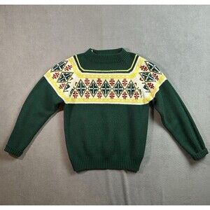 Vintage JC Penny Sweater Mens Medium Green Winter Pull Over Mock Neck Fair Isle